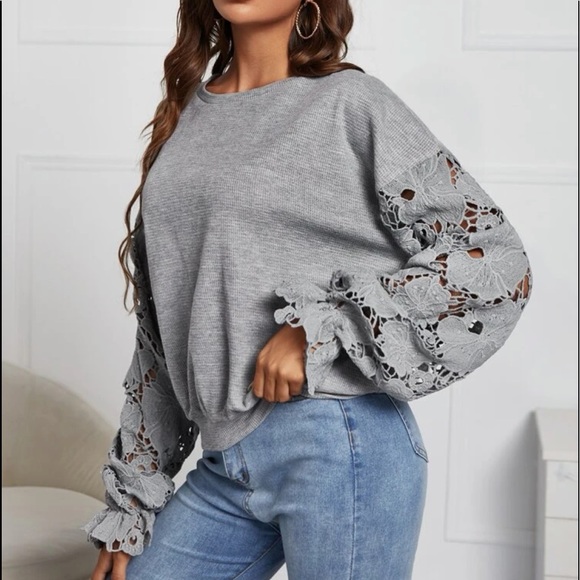 Boho Floral Sheer Lace Long Sleeve Drop Shoulder Top Blouse - Picture 3 of 5